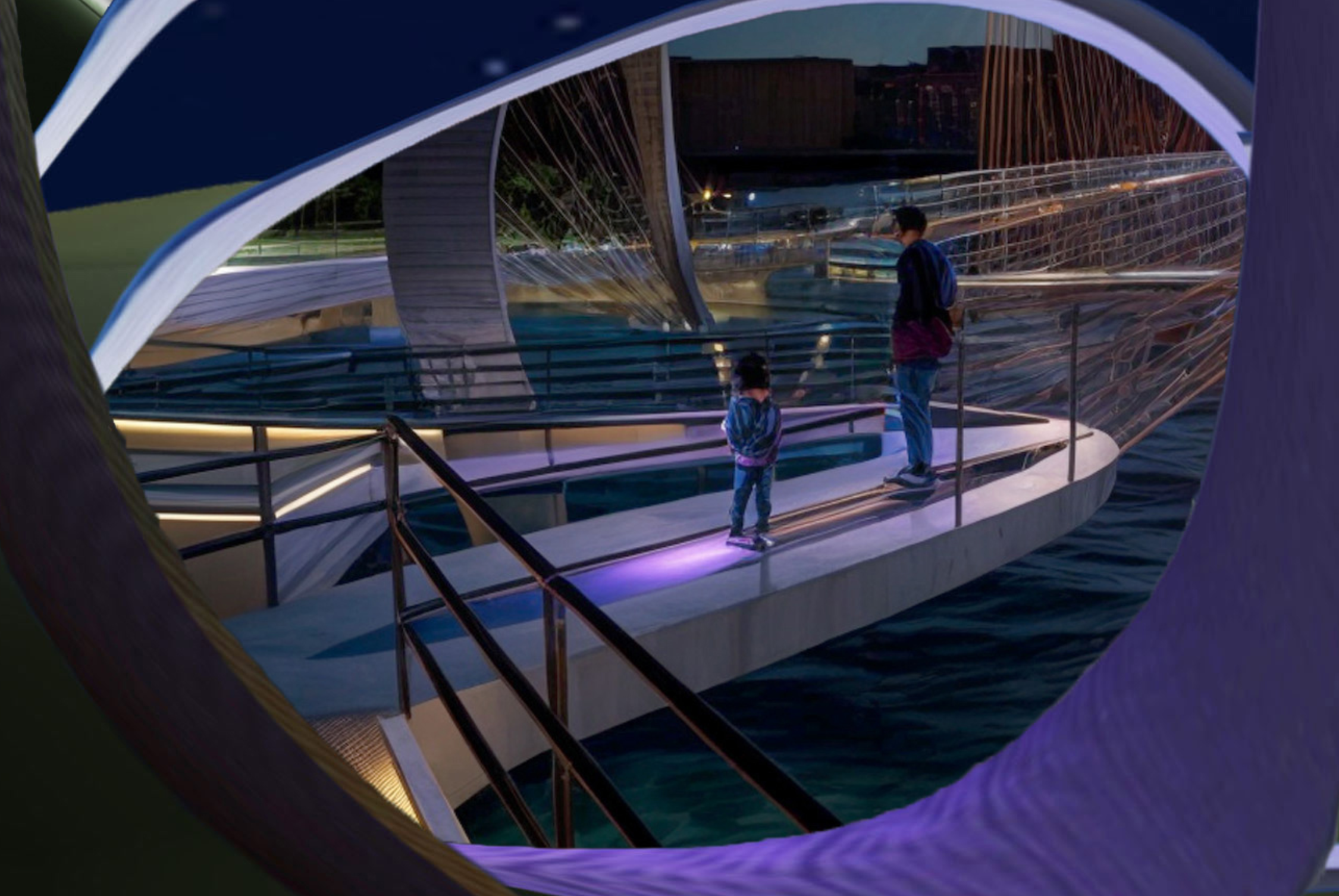 Two figures standing on an observation platform framed by a circular opening at night