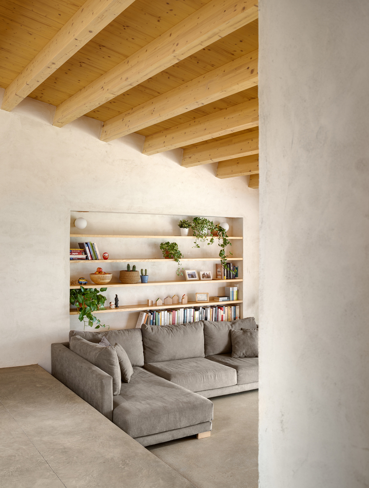 Shelf detail: ceramic vase with dried flowers, small pot, timber shelf against lime plaster wall