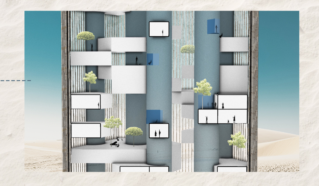 Show modular vertical design featuring residential and recreational spaces integrated within towering structures.