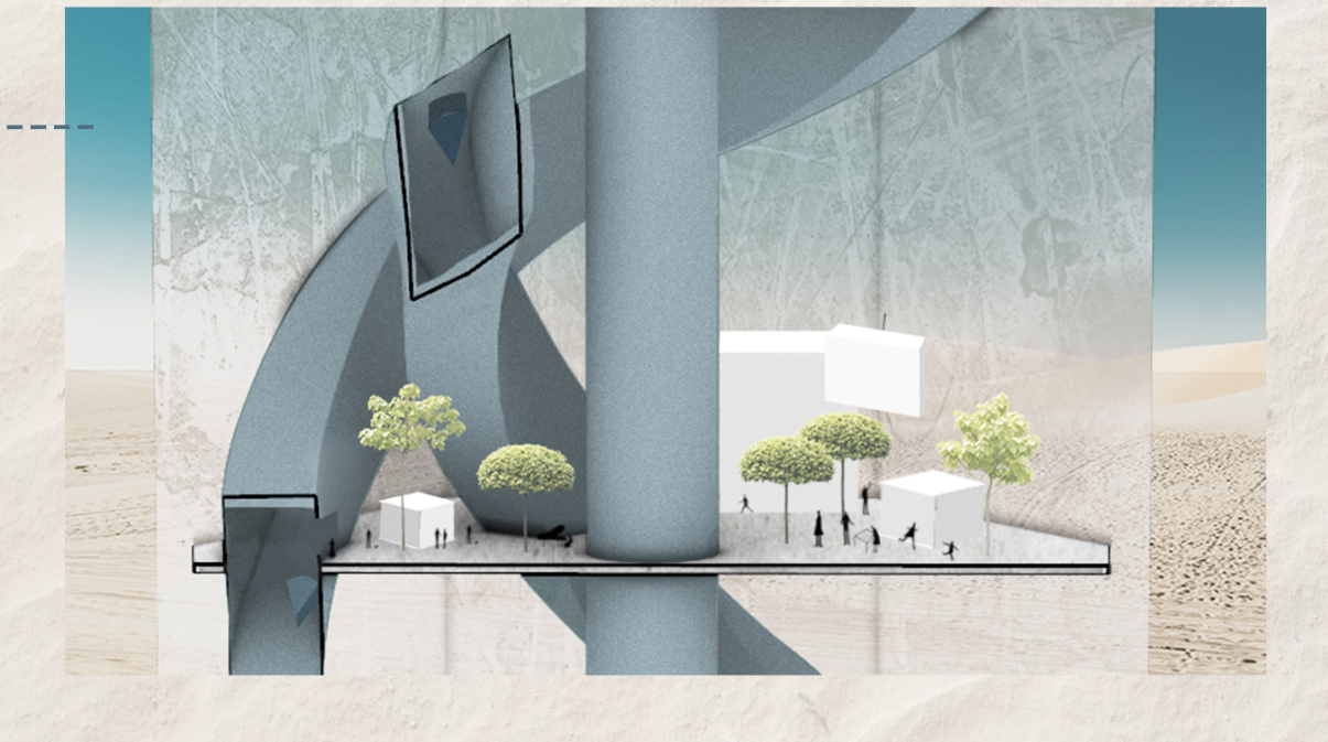 Illustrate elevated greenery and community spaces amidst spiraling vertical architecture.