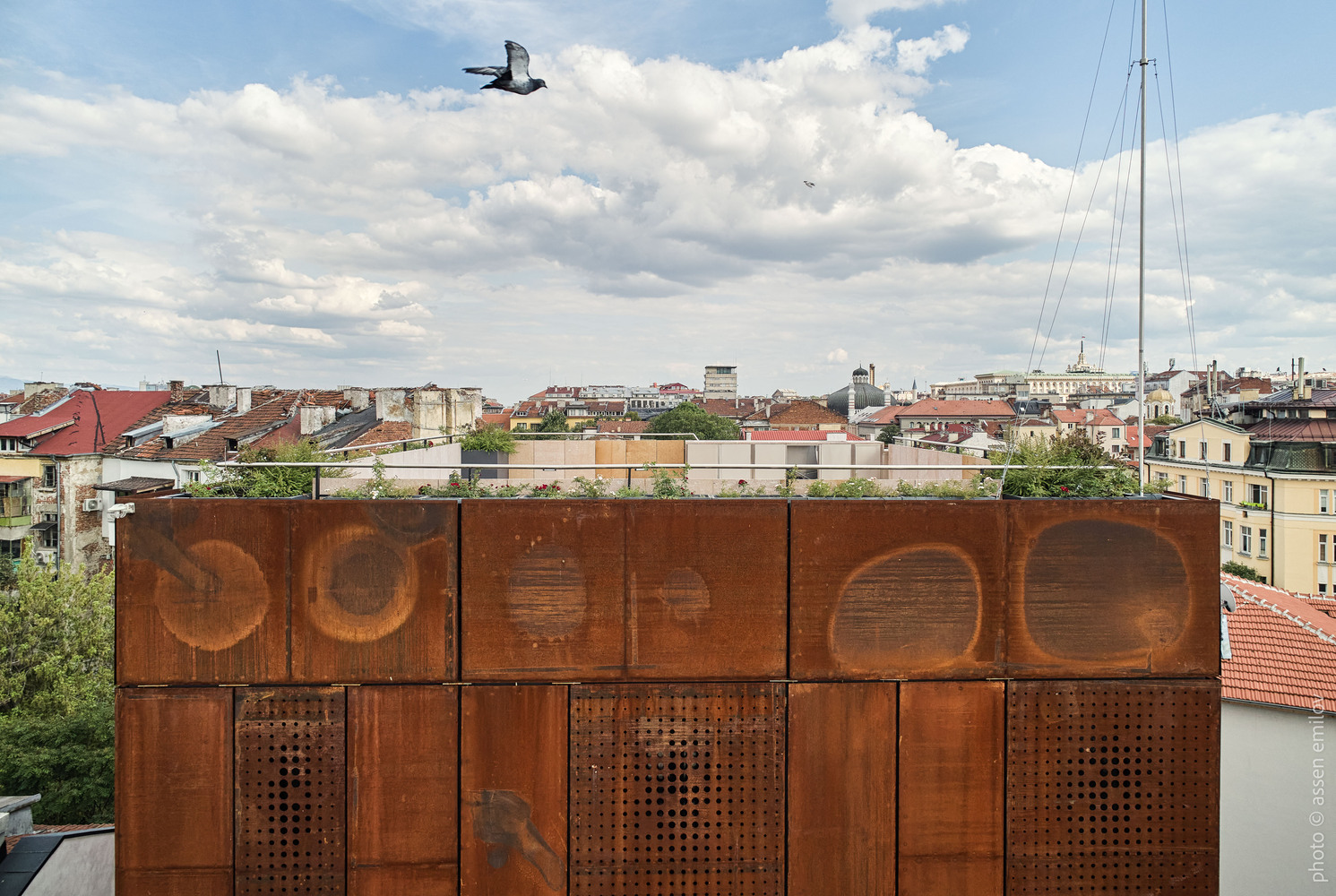 Rooftop view of the corten steel upper facade with circular patterns and bird flying over cityscape