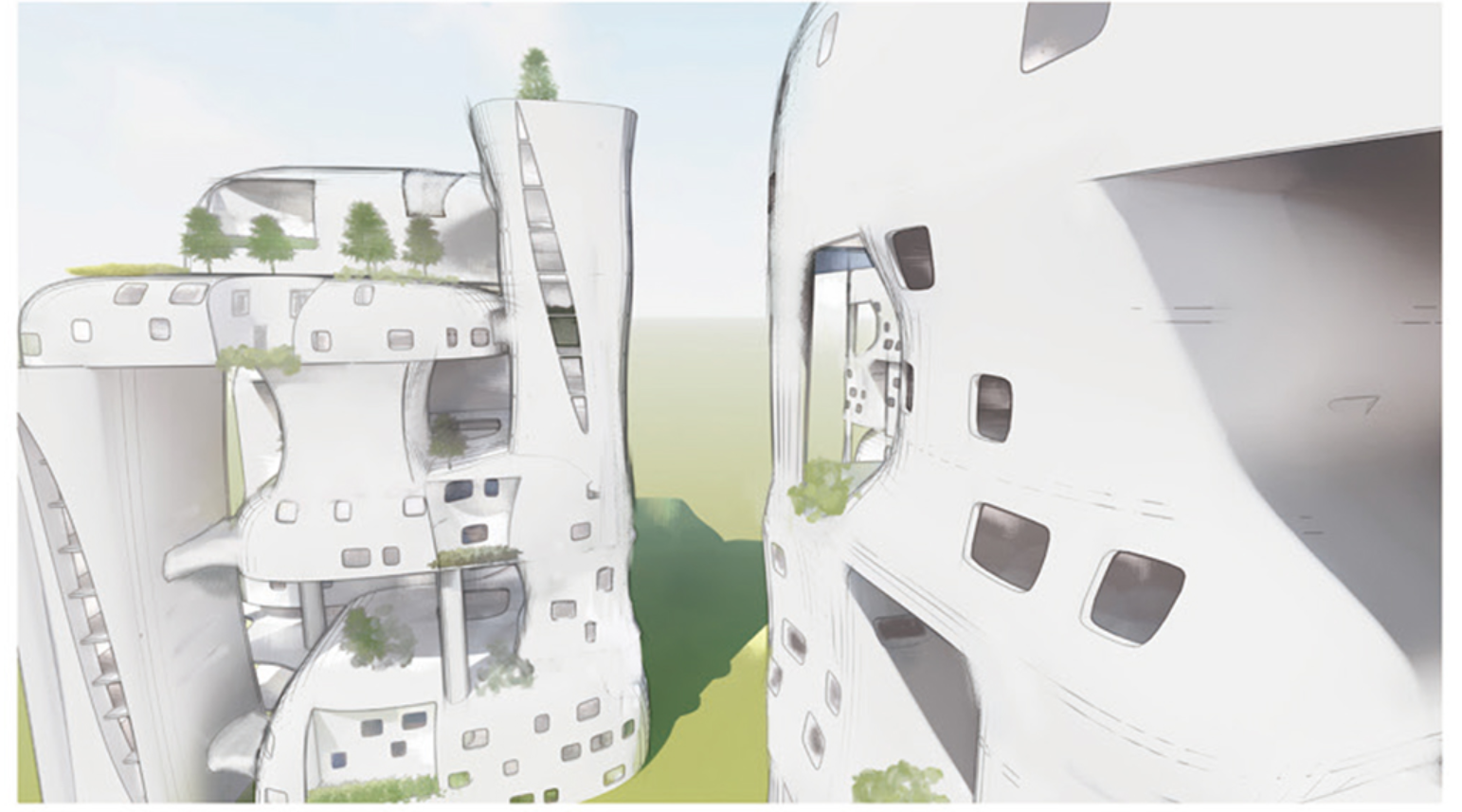 Exterior view of the organic white towers with irregular window openings, planted green terraces, and tentacle-like forms branching upward from the ground