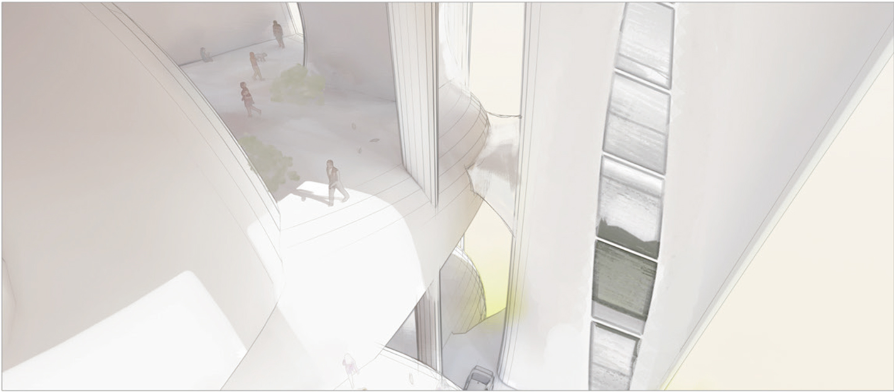 Interior view looking down through a sculptural white void between floors, with a figure standing below and shelving built into the curved organic walls