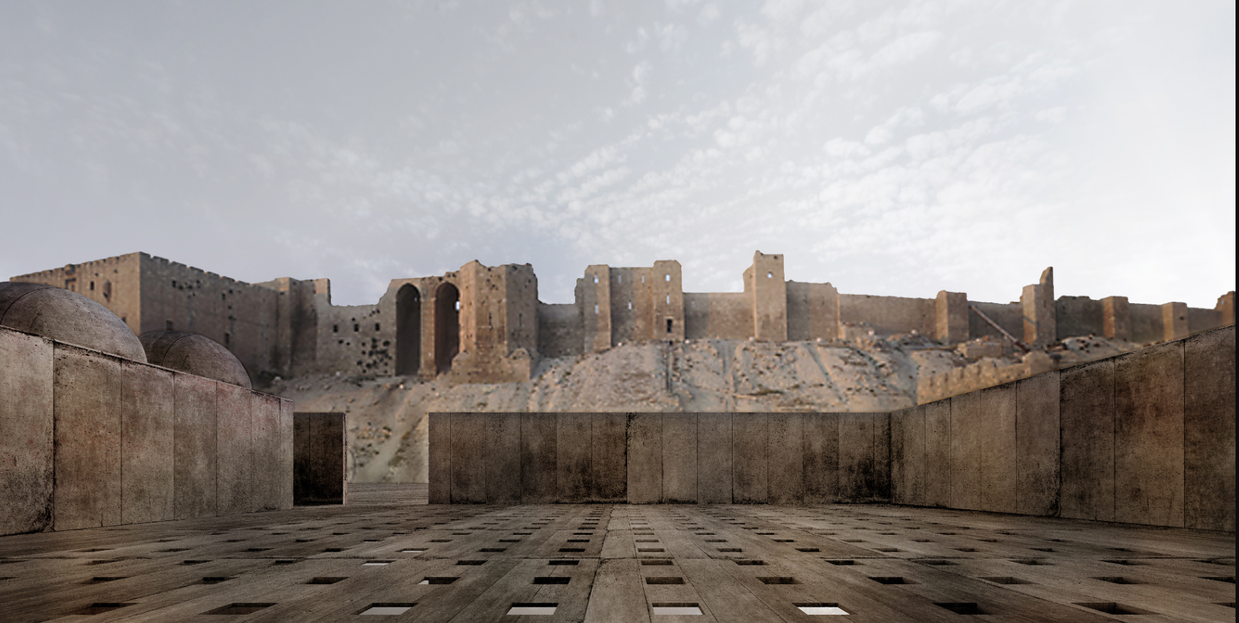 The Rooftop of the Museum of Memory, harmonizing contemporary architecture with Aleppo's historic citadel as its backdrop.