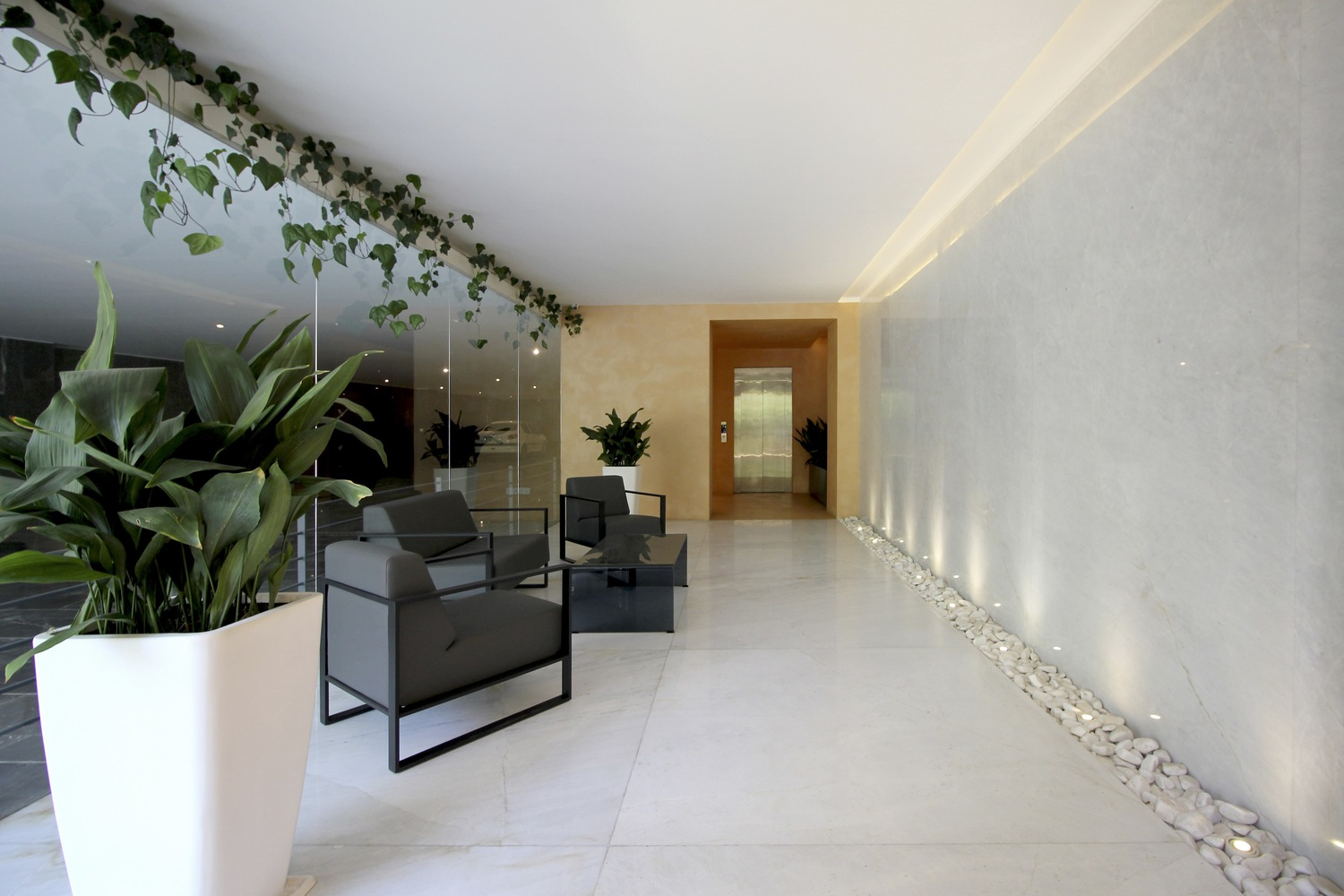 Lobby: grey plastered wall with recessed lighting, polished stone floor, black lounge chairs, planter with climbing plants, timber entry door at the far end