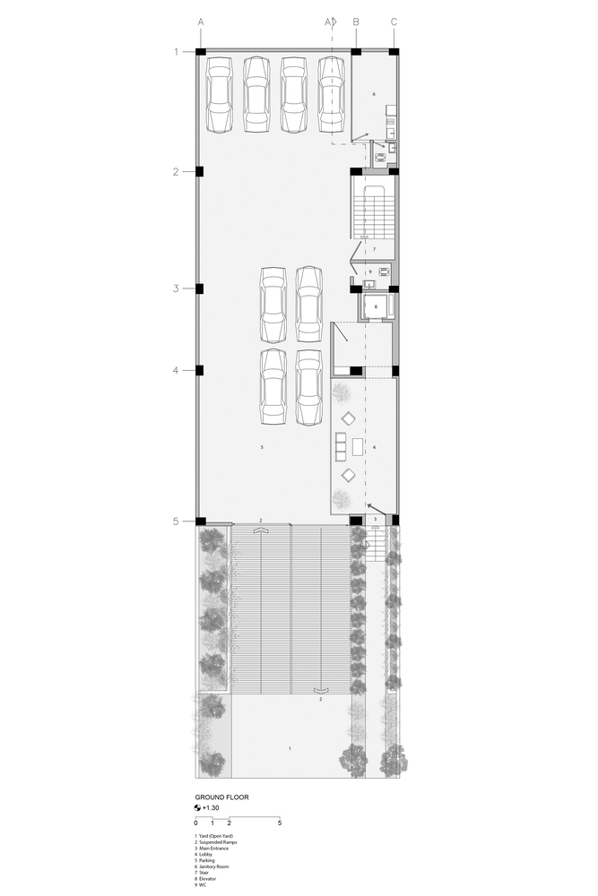 Ground-floor plan: parking bays at the top, lobby and service spaces through the middle, planted forecourt with trees at the bottom
