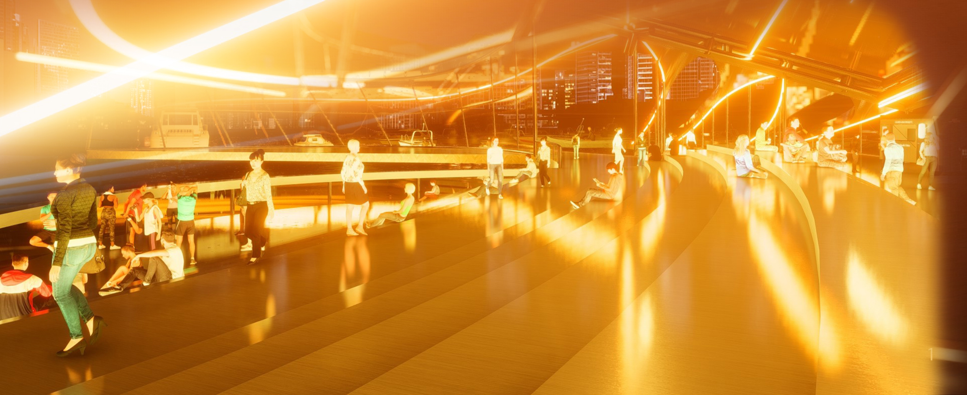 Interior plaza with visitors beneath glowing canopy ribs casting long reflections at sunset