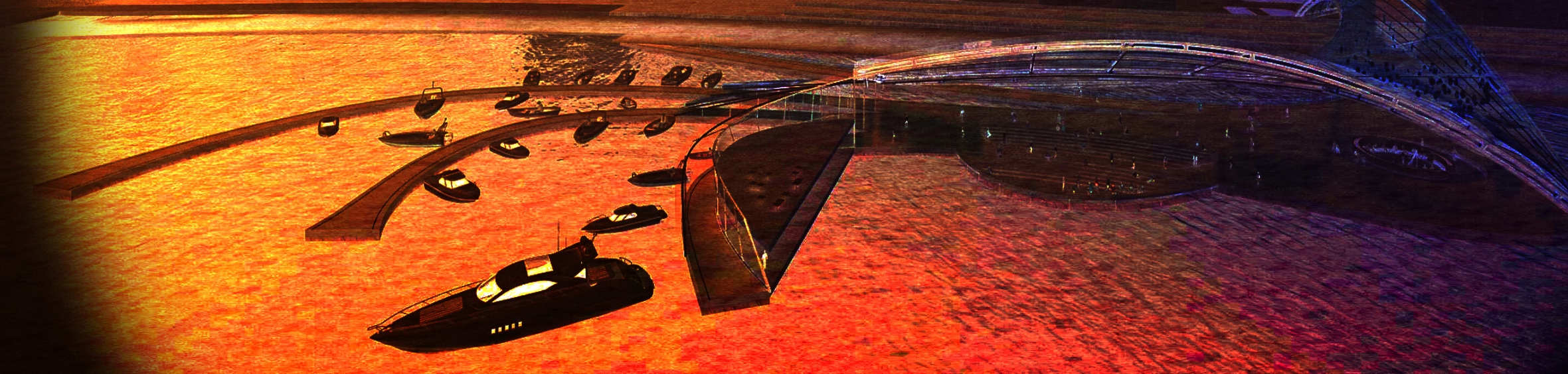Aerial model view of harbor development with boats scattered across golden water surface