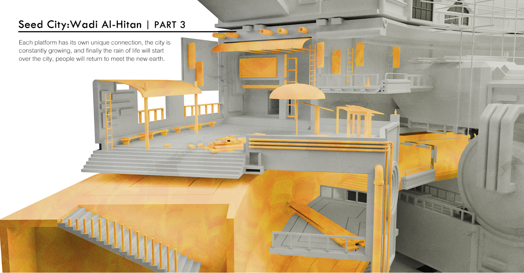 Multi-Platform Design - Depicting the dynamic connections of platforms that foster communal spaces and resource-efficient urban growth.