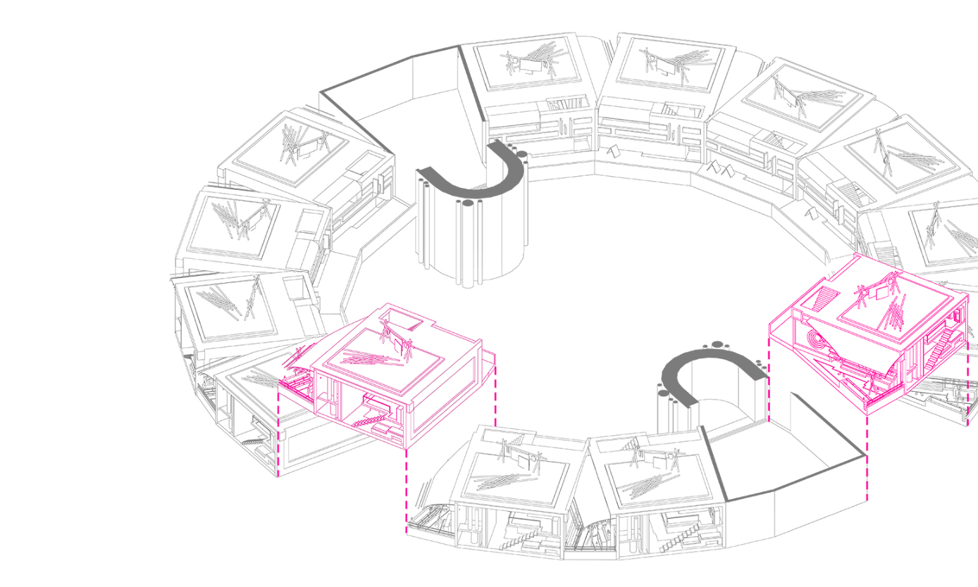 Rotational Housing Units - Highlighting modular housing units with adaptable and sustainable layouts in Seed City.