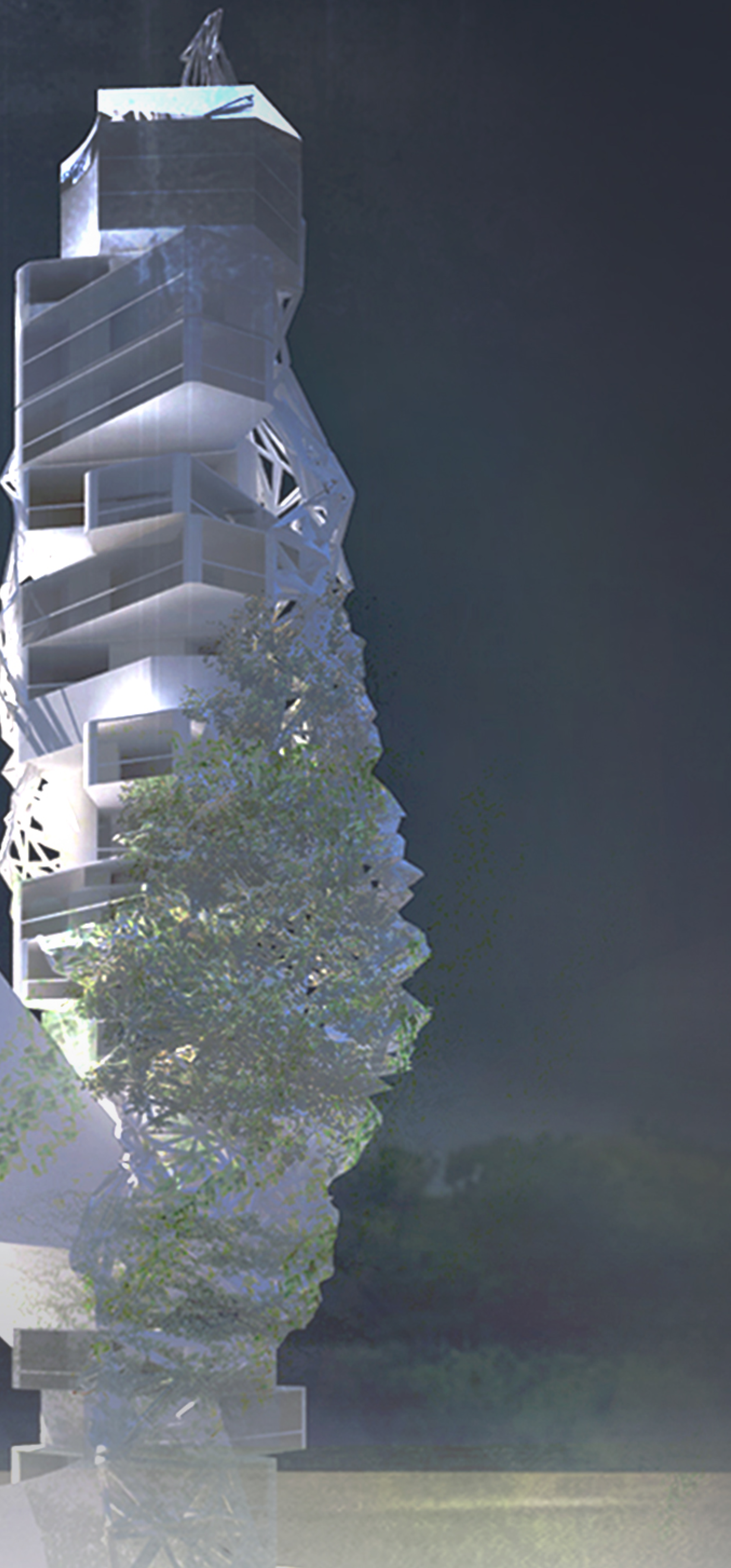 A futuristic skyscraper integrating AI and green architecture.
