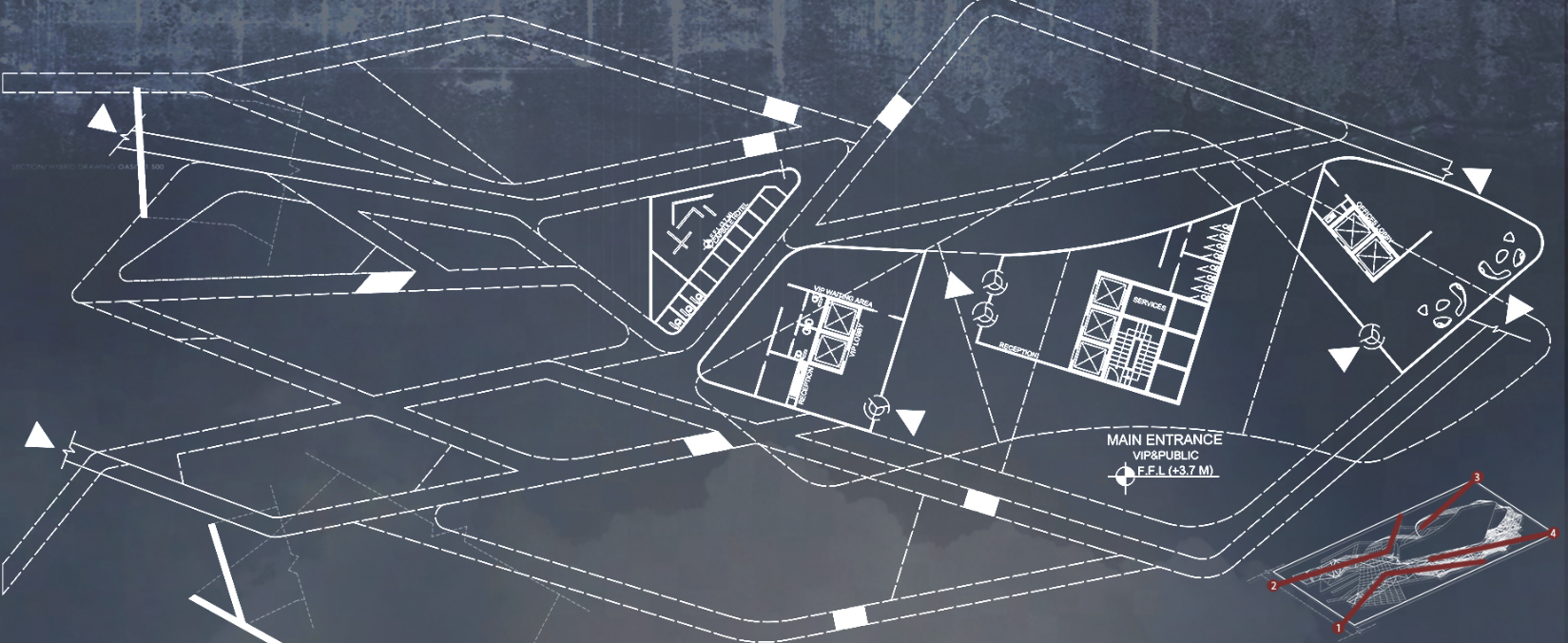 A blueprint showcasing the interconnected spaces and ramps.
