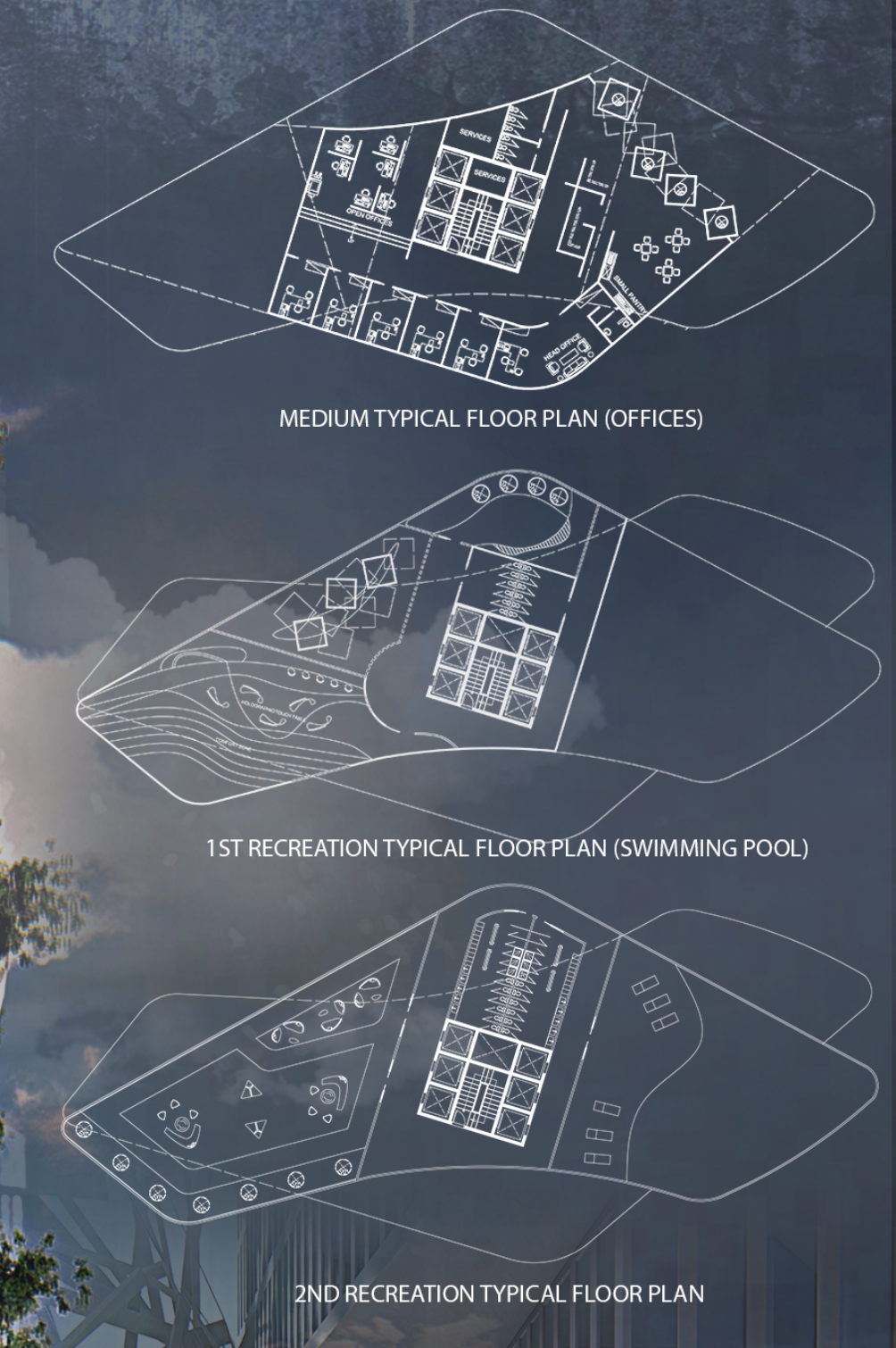 Recreation Spaces: Floor plans featuring swimming pools and green terraces.