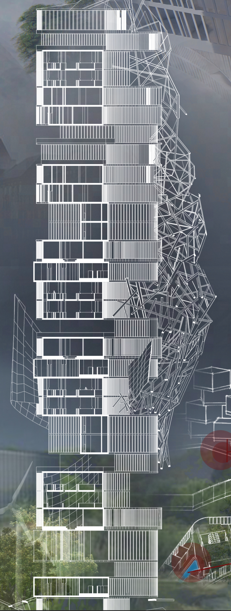 A detailed view showcasing the intricate steel framework and modular design of the skyscraper.