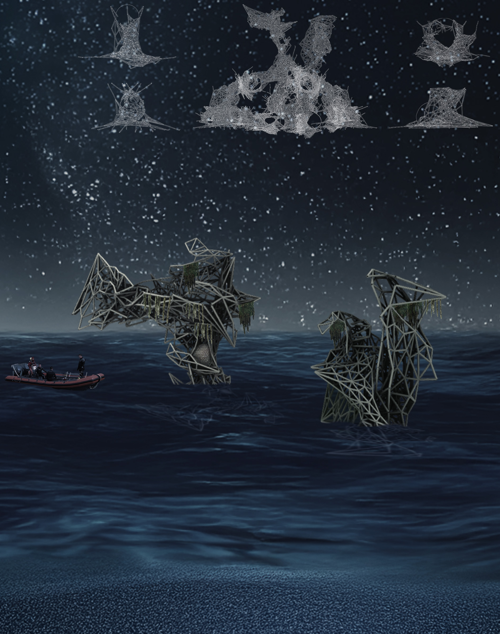 Nighttime Vision of Coral Spine: The dynamic structure illuminated under the moonlight, showcasing its interaction with the marine environment.