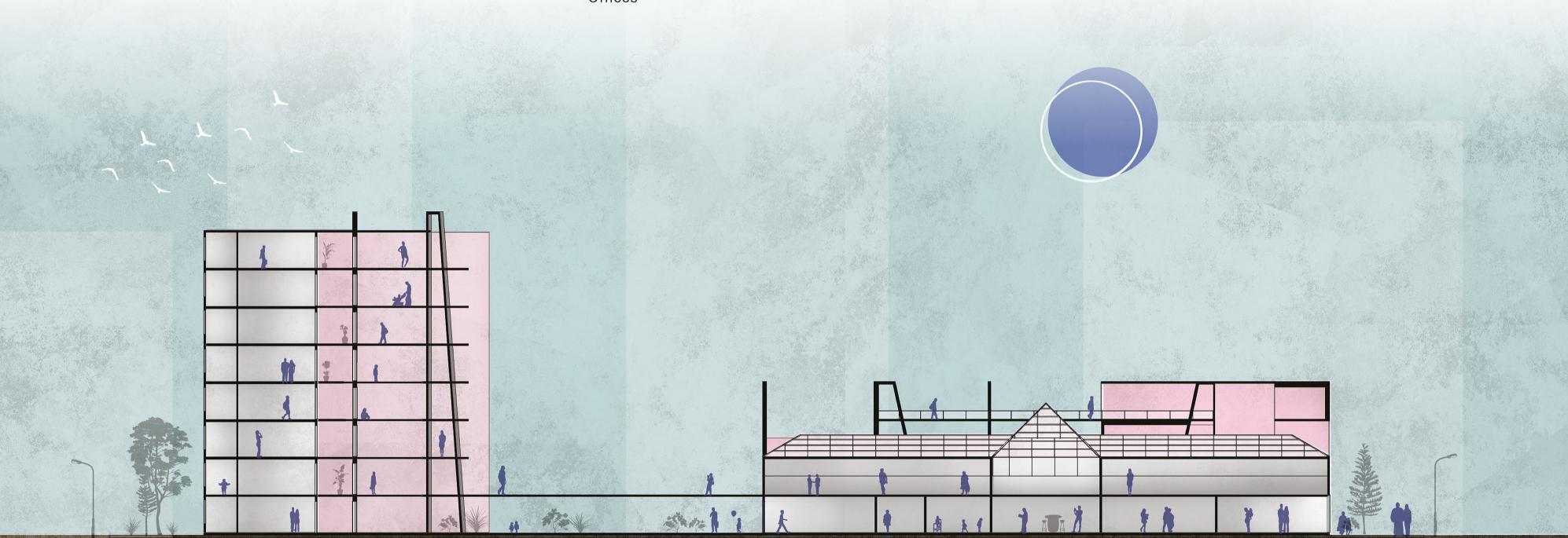 A cross-sectional view showcasing residential and communal spaces integrated with sustainable design elements.