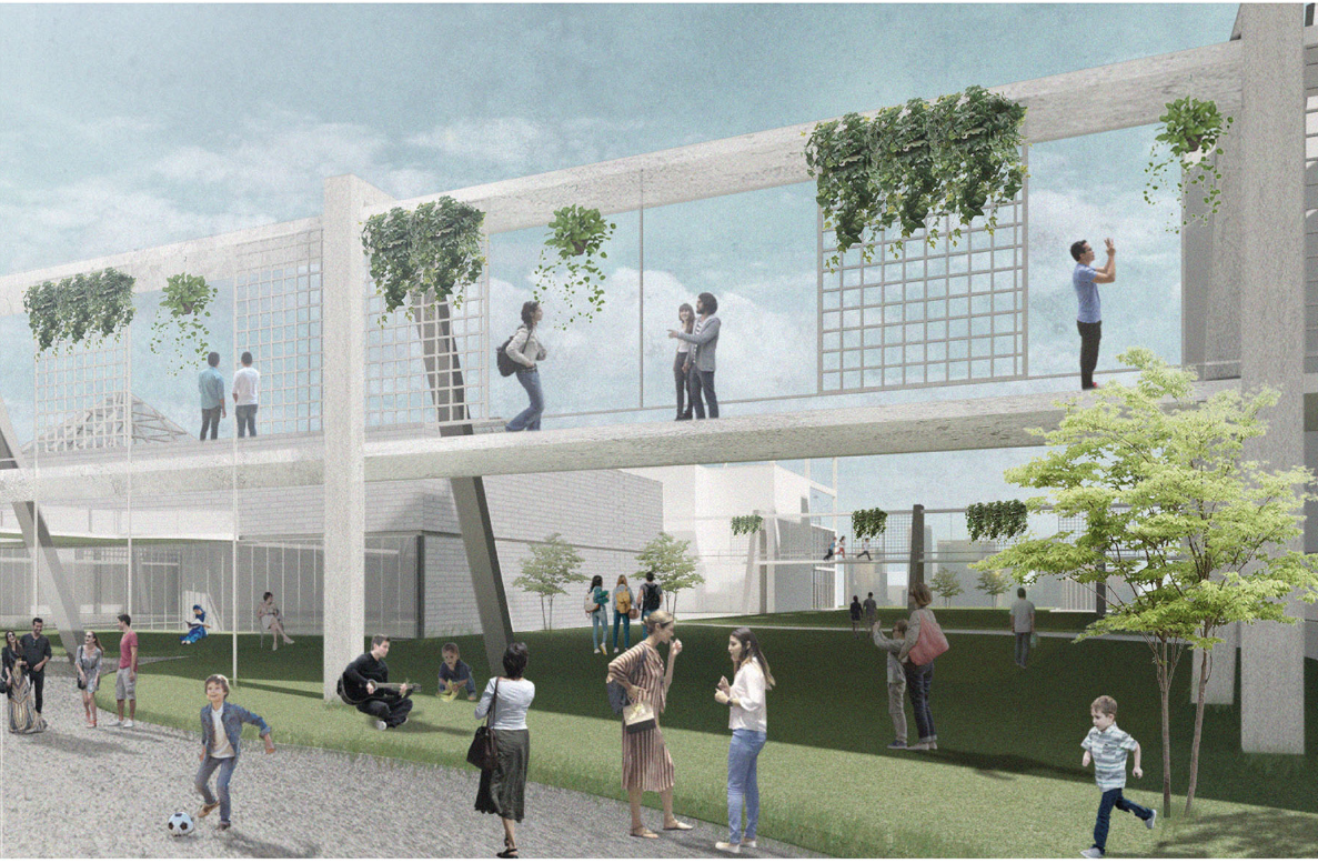 Elevated walkways adorned with plants, fostering connectivity and promoting environmental harmony.