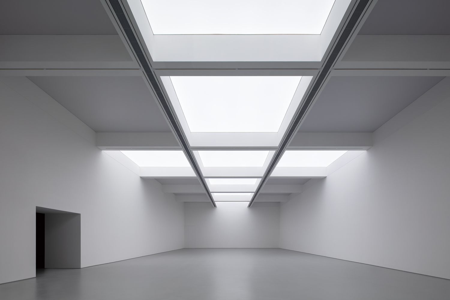 Main exhibition hall ceiling: full-width skylight grid, steel beams, white walls, dark doorway at left