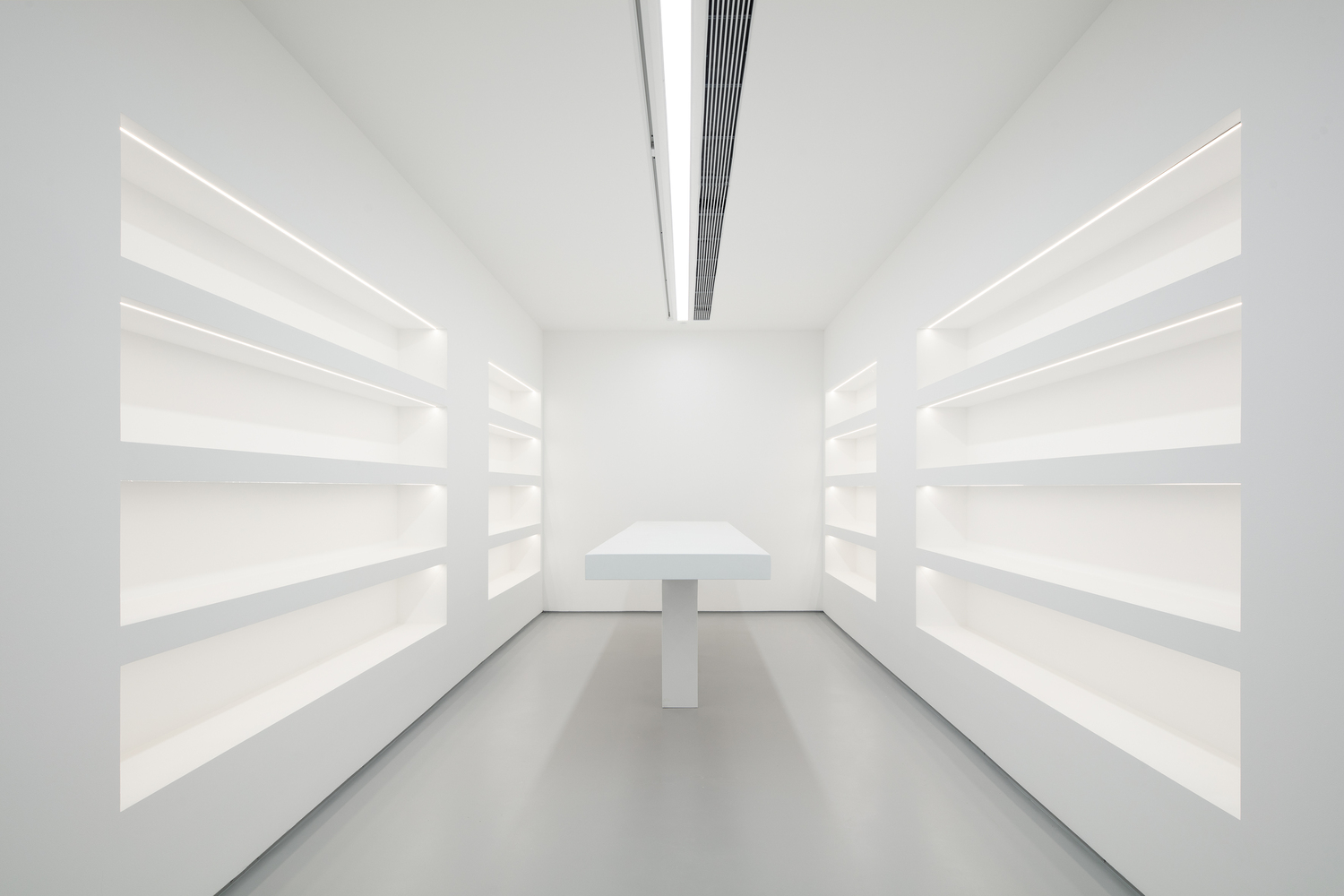 Archive or shop: white shelving on both walls, central display table, linear ceiling light, grey floor