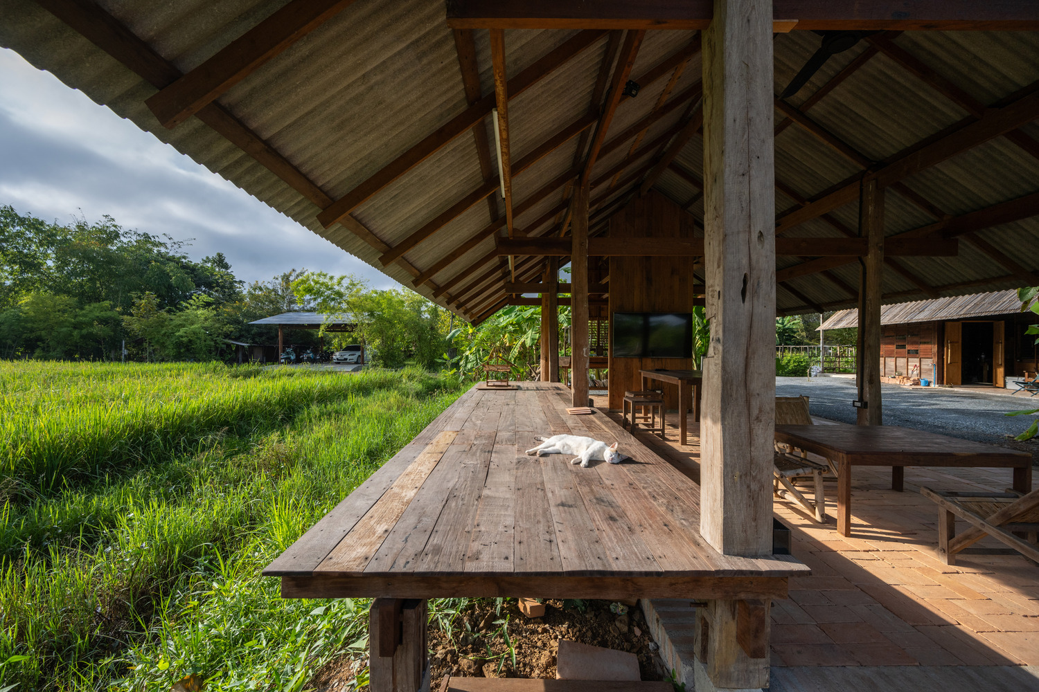 Long timber dining table on brick paving beneath exposed timber rafters and corrugated metal roofing