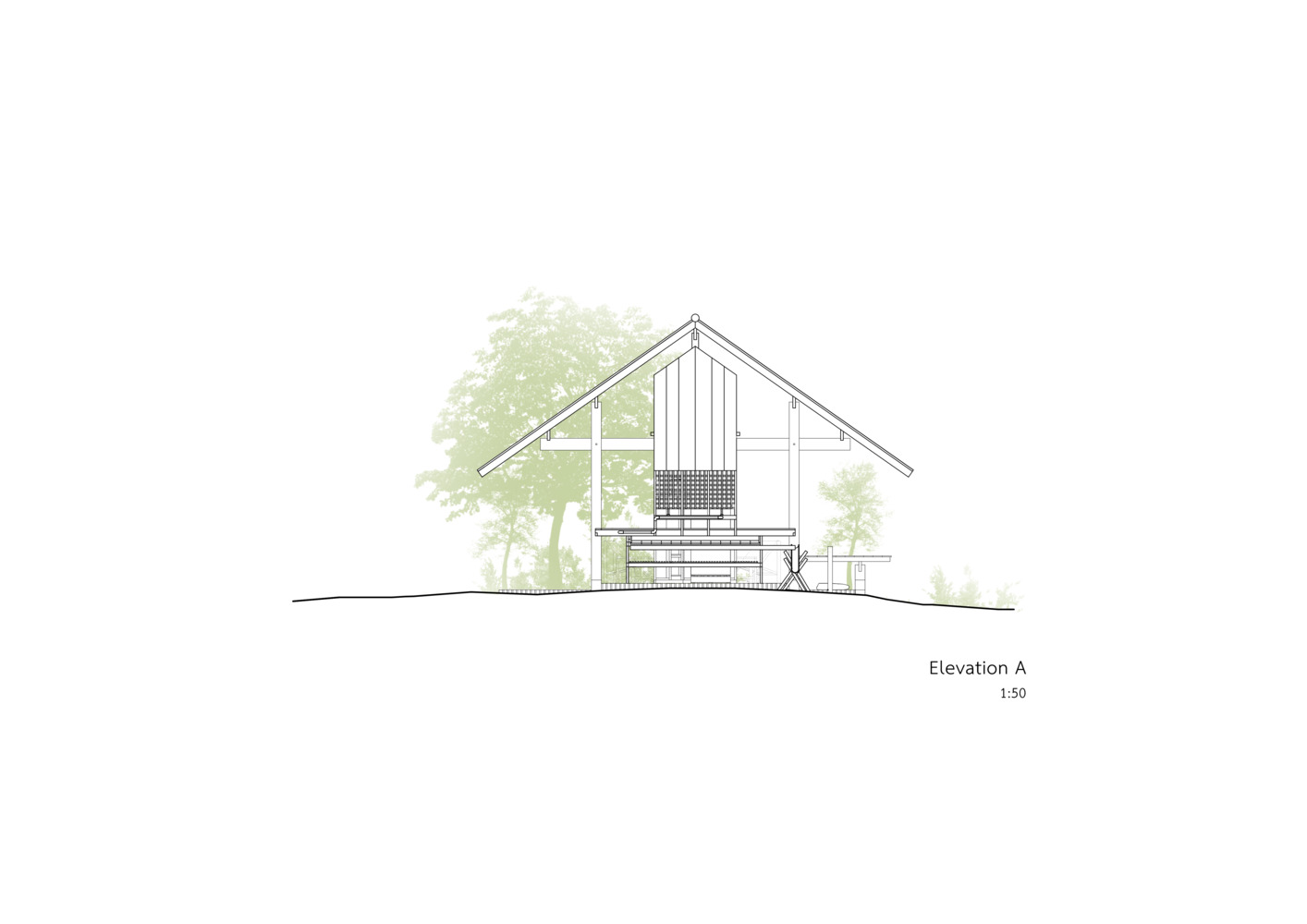 Elevation drawing showing a gabled facade with vertical boards and brick base surrounded by vegetation