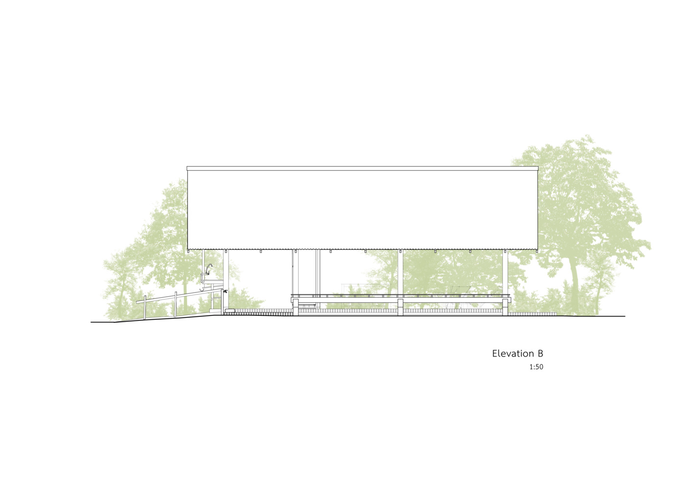 Elevation drawing depicting a flat-roofed volume with glazed openings and adjacent trees