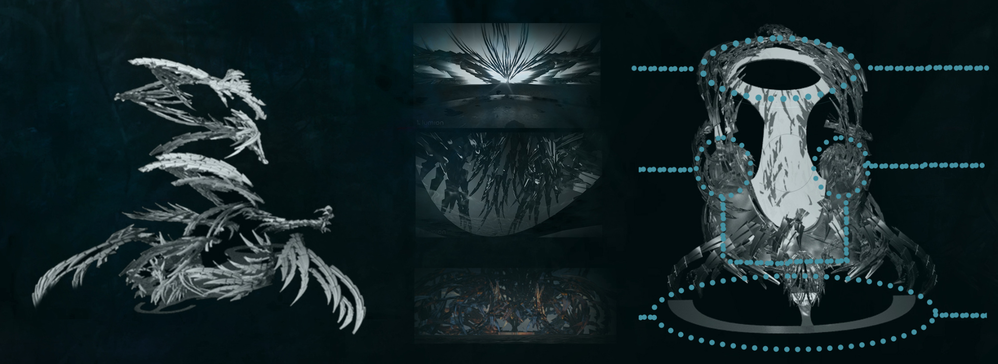 Structural Harmony: Exploded axonometric views highlighting the interconnected design of the kelp garden, pavilion, and observation zones.