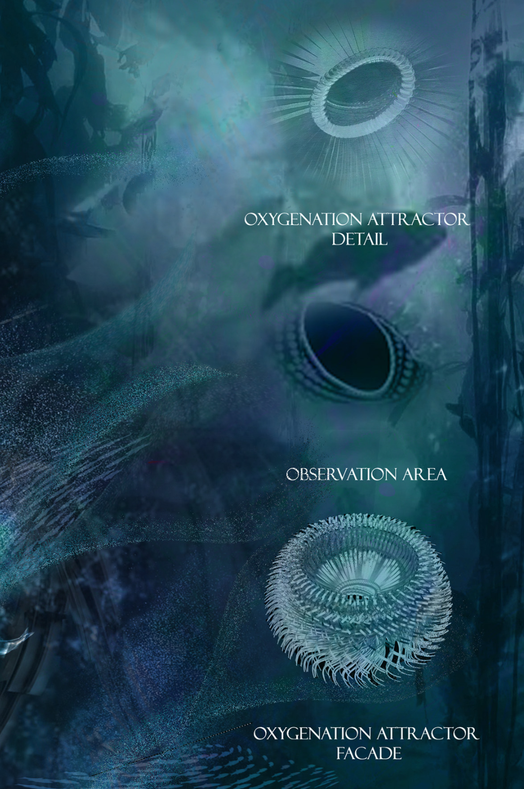 Oxygenation Design: Close-up views of the Fish Oxygenation Attractors, engineered to sustain marine life and provide an immersive experience.