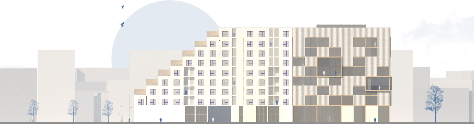 A modern facade showcasing innovative multifunctional housing design.