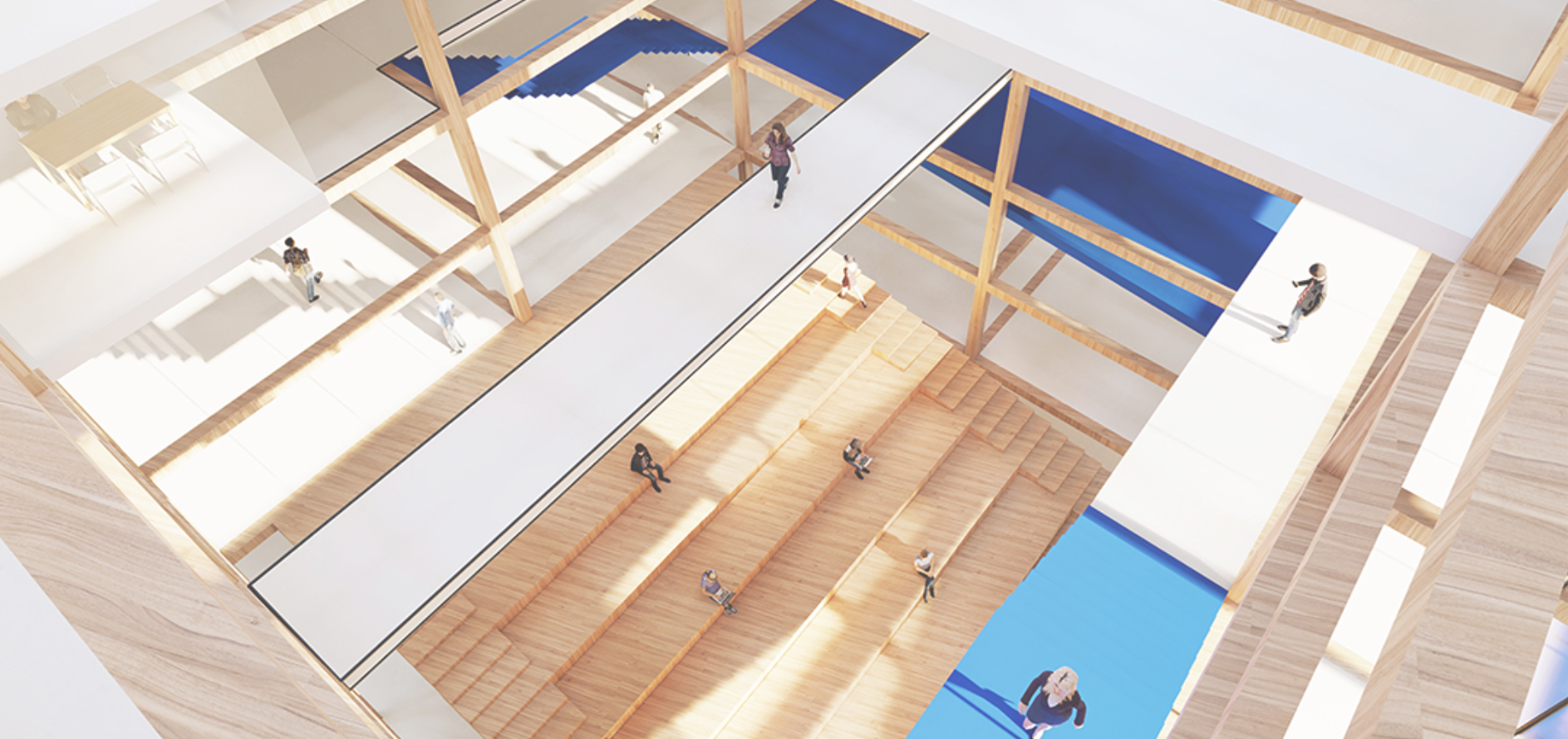 A dynamic interior with layered walkways and communal spaces encouraging collaboration.