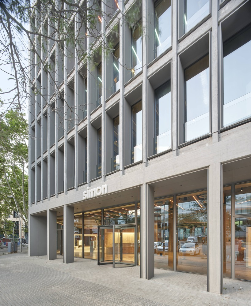 Corner detail through trees: concrete frame with vertical fins and recessed glazing, birch trees in foreground