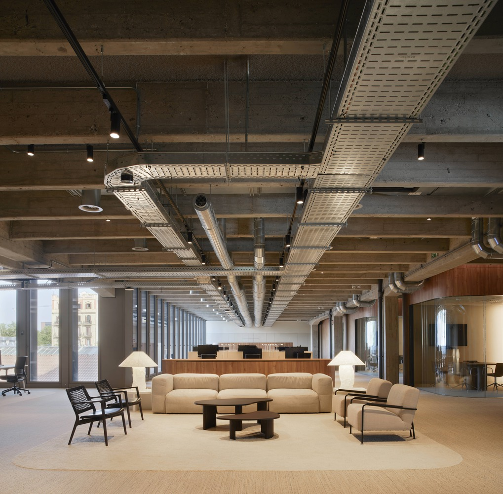 Top floor amphitheatre: wide timber stepped seating under exposed concrete pitched trusses, full-height glazing