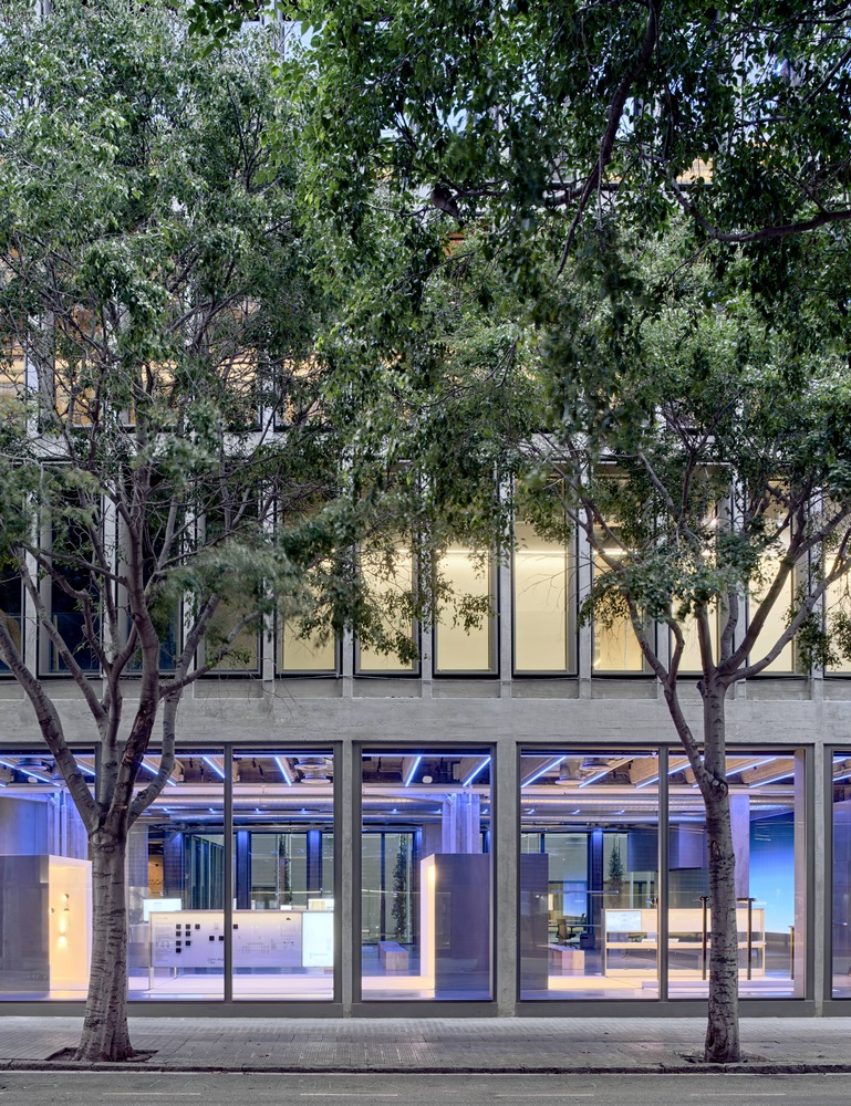 Auditorium: timber benches, exposed concrete beams, large blue projection screen, presentation setup