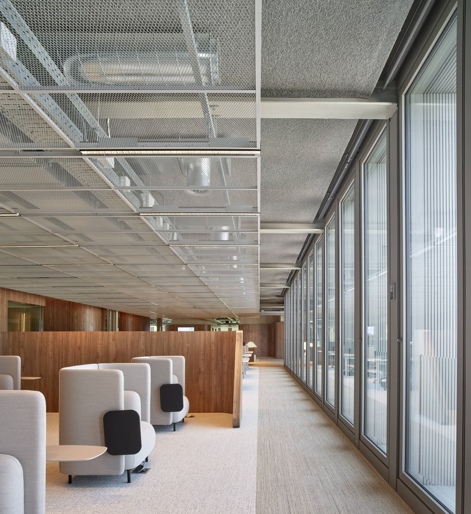 Corner lounge: two armchairs beside floor-to-ceiling glazing, concrete columns, tree canopy outside