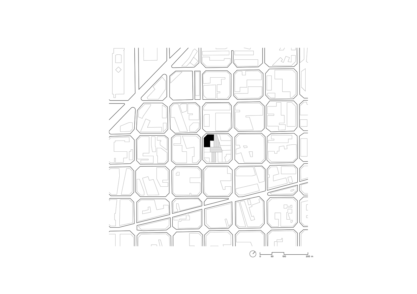Typical office floor plan: open workspaces, meeting pods, stair core, facade columns
