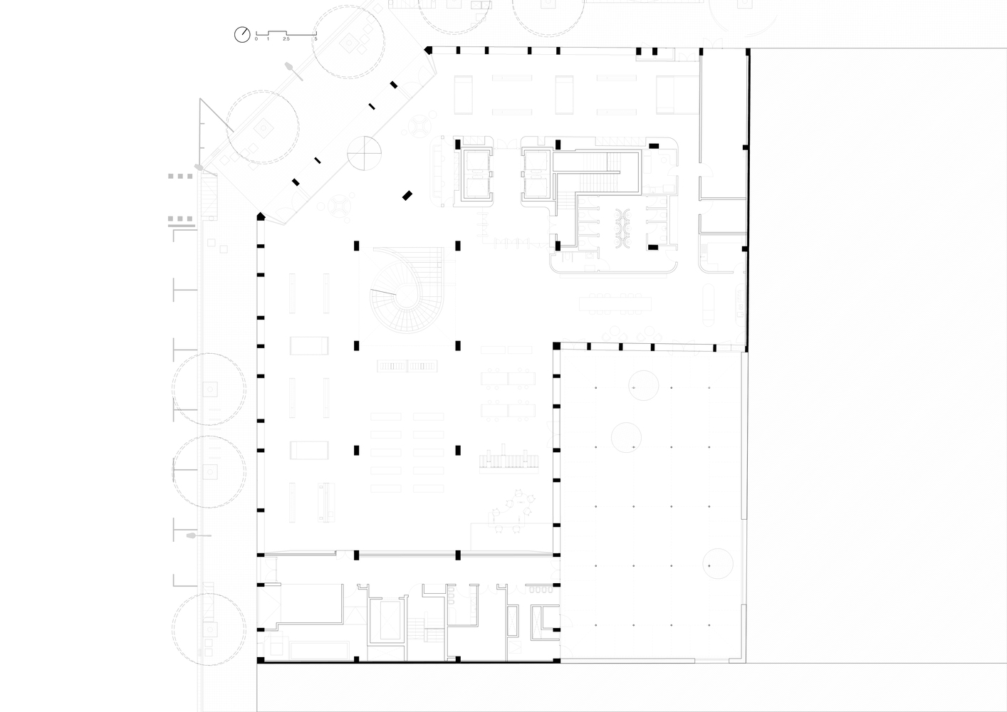 Section through courtyard: original truss structure at left, new six-storey office block at right, ground-floor canopy