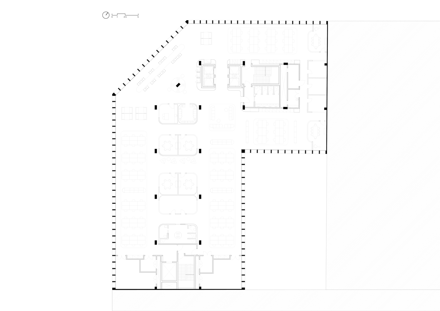 Street elevation: the full facade rhythm of vertical concrete fins across all six floors