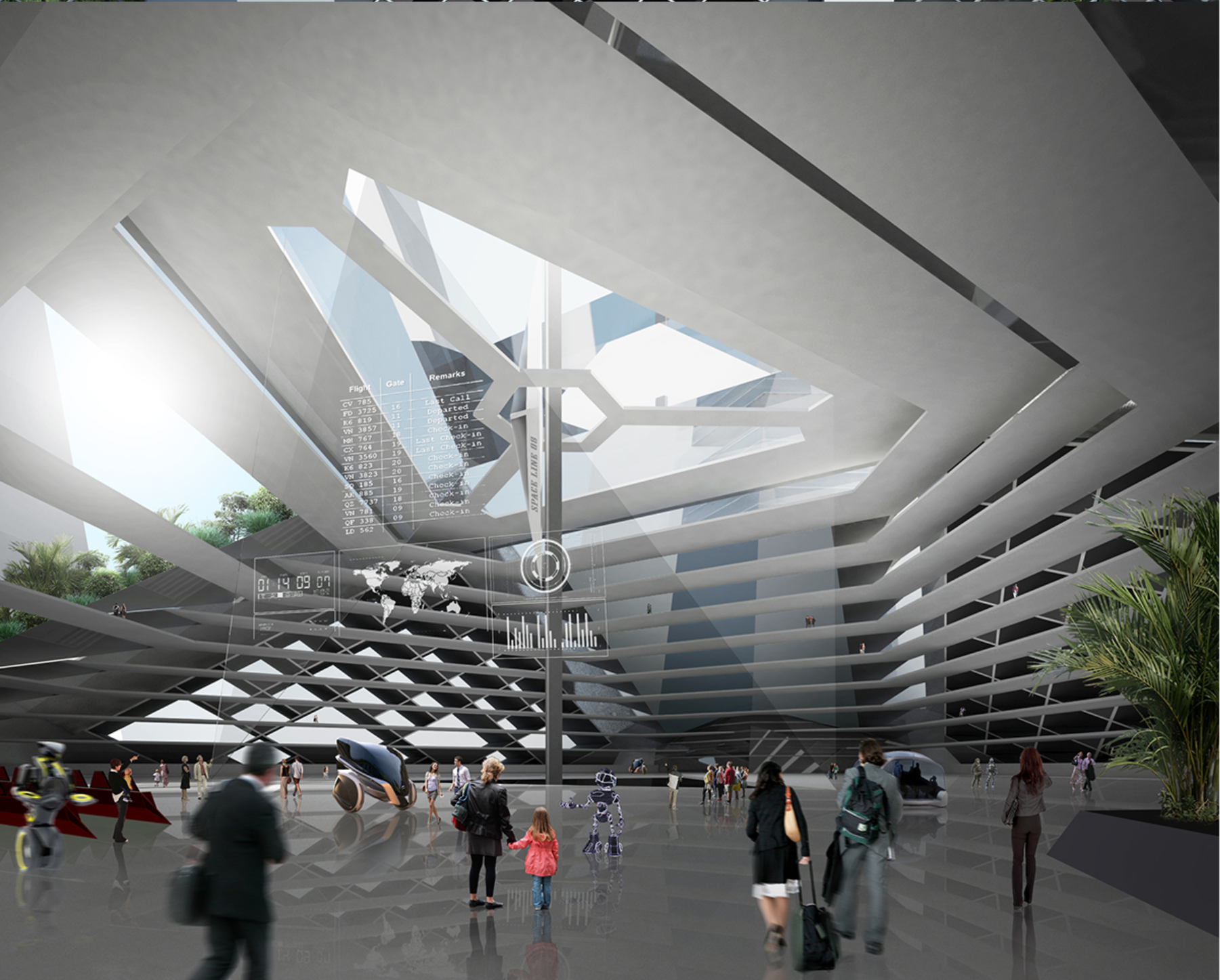 The futuristic terminal offers dynamic spaces for work, transit, and innovation.