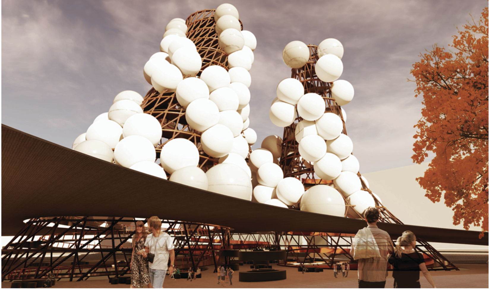 Exterior render of the O2 Pod: clusters of white inflatable spheres held inside a timber lattice cone, visitors gathering beneath the shade canopy with autumn trees in the background