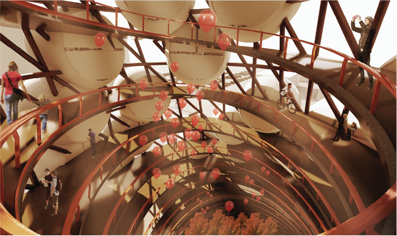 Interior atrium looking up: a ribbed conical shell lined with red steel railings and ramps, inflatable spheres pressed against the structure, red balloons drifting through the void as residents move between levels
