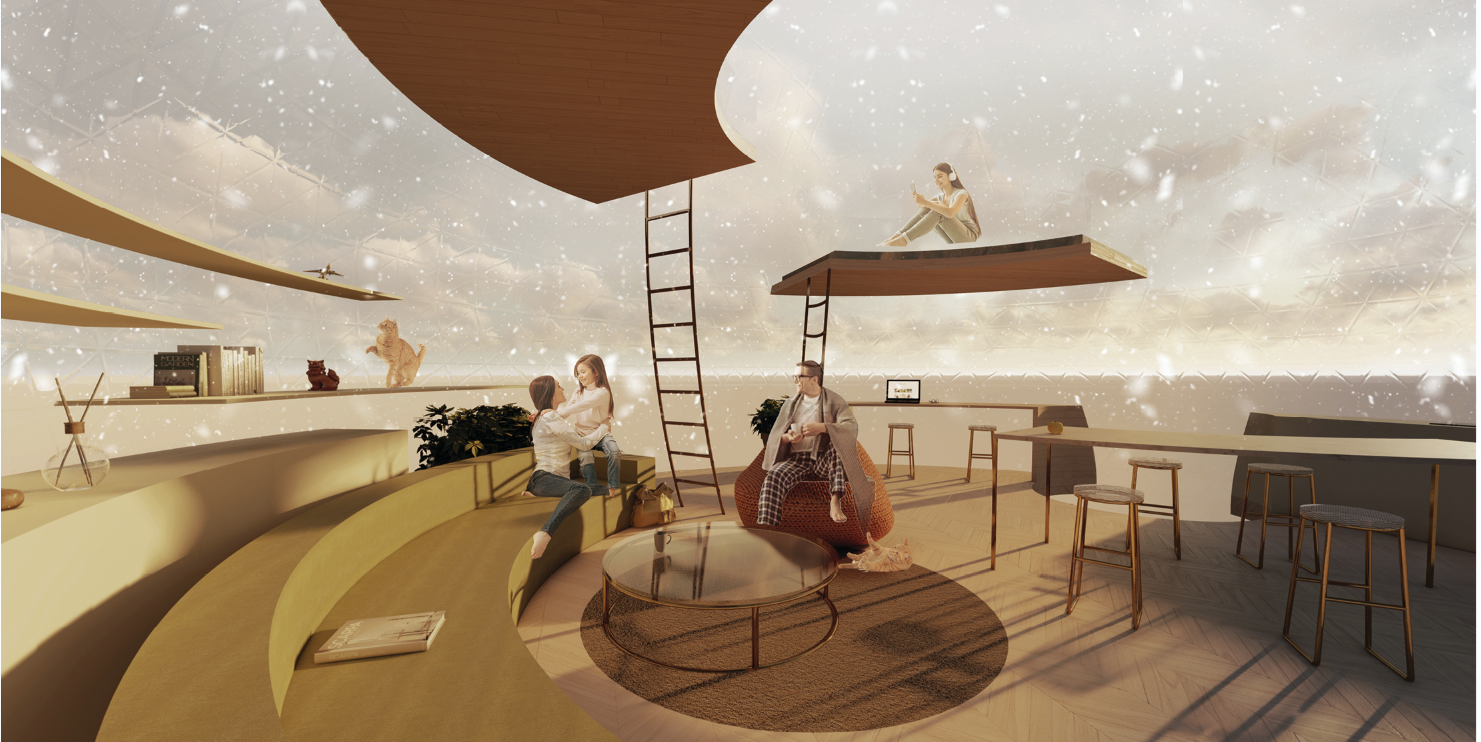 Warm timber lounge inside a pod: a vaulted ceiling, curved seating platforms, a ladder to an upper level, and residents reading and talking under a night sky visible through the membrane