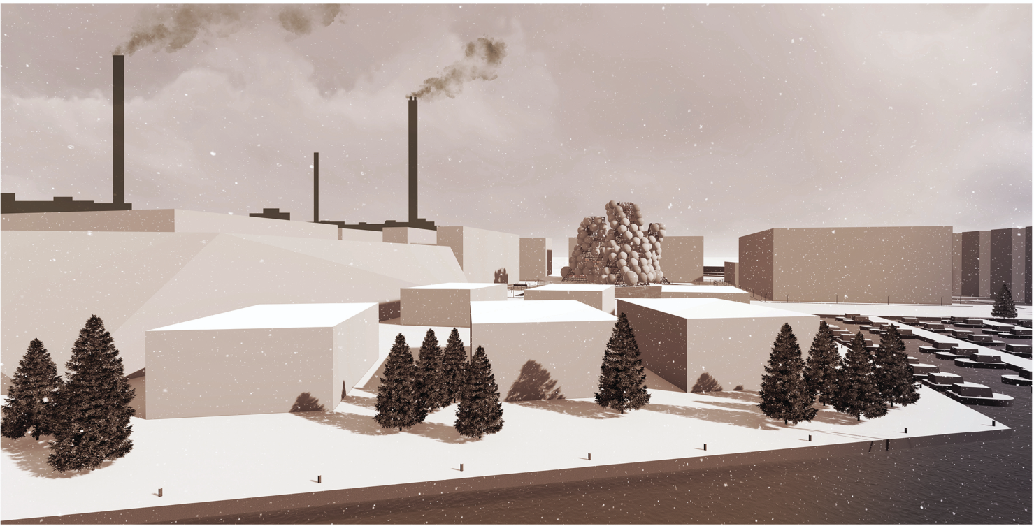 Site context: low-rise white industrial buildings with smoking chimneys, a conifer forest, and a winter sky — the former ZIL factory landscape the project inserts itself into