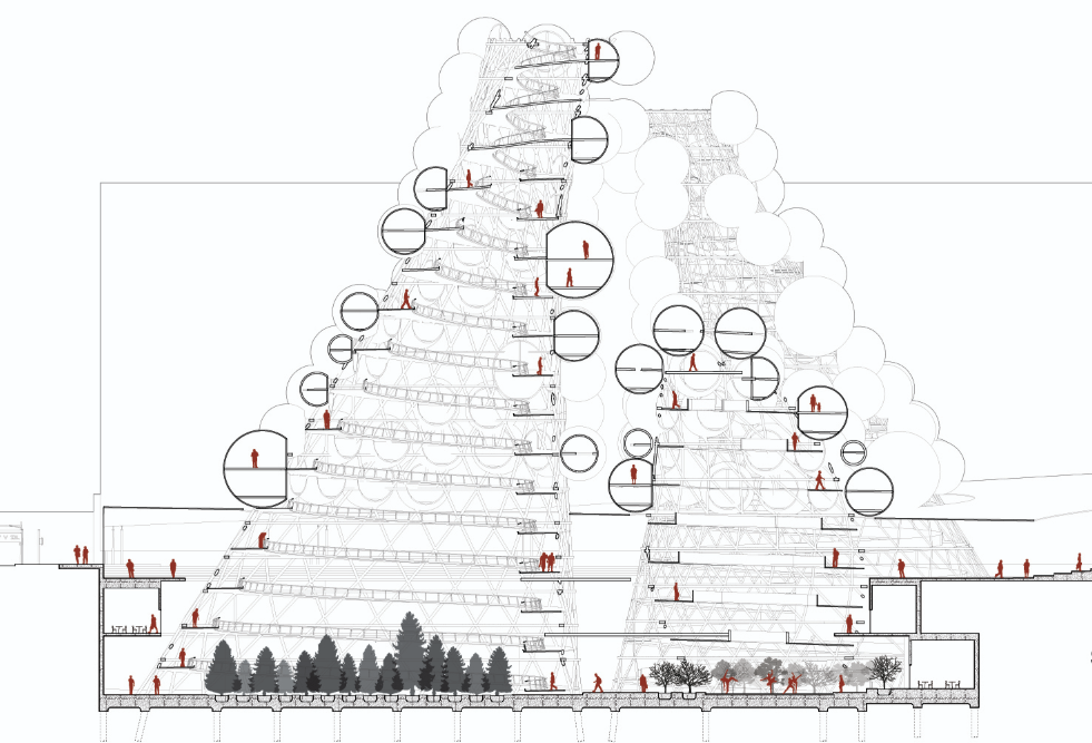 Cross section through a single pod tower: dozens of inflatable spherical rooms stacked inside a steep conical frame, ground-level entry and circulation at the base