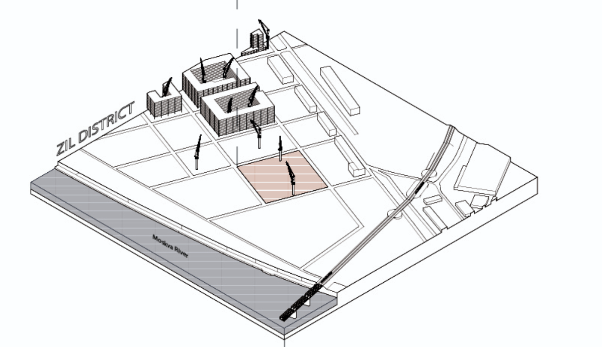 Site axonometric of the ZIL District along the Moskva River, showing the position of two O2 Pod clusters within the wider urban plan