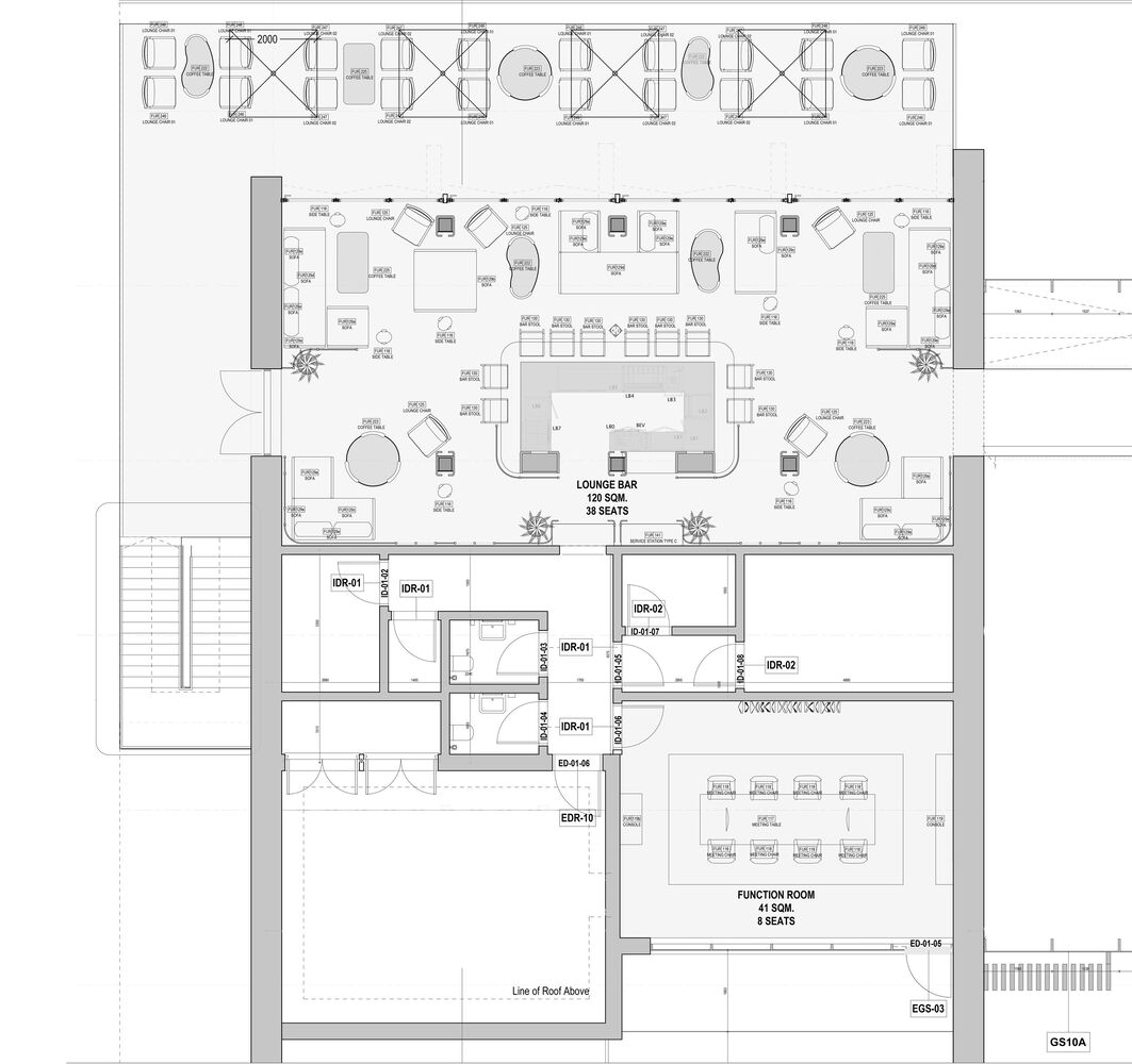 Ilios ground-floor plan: lounge restaurant layout, bar, kitchen, service areas