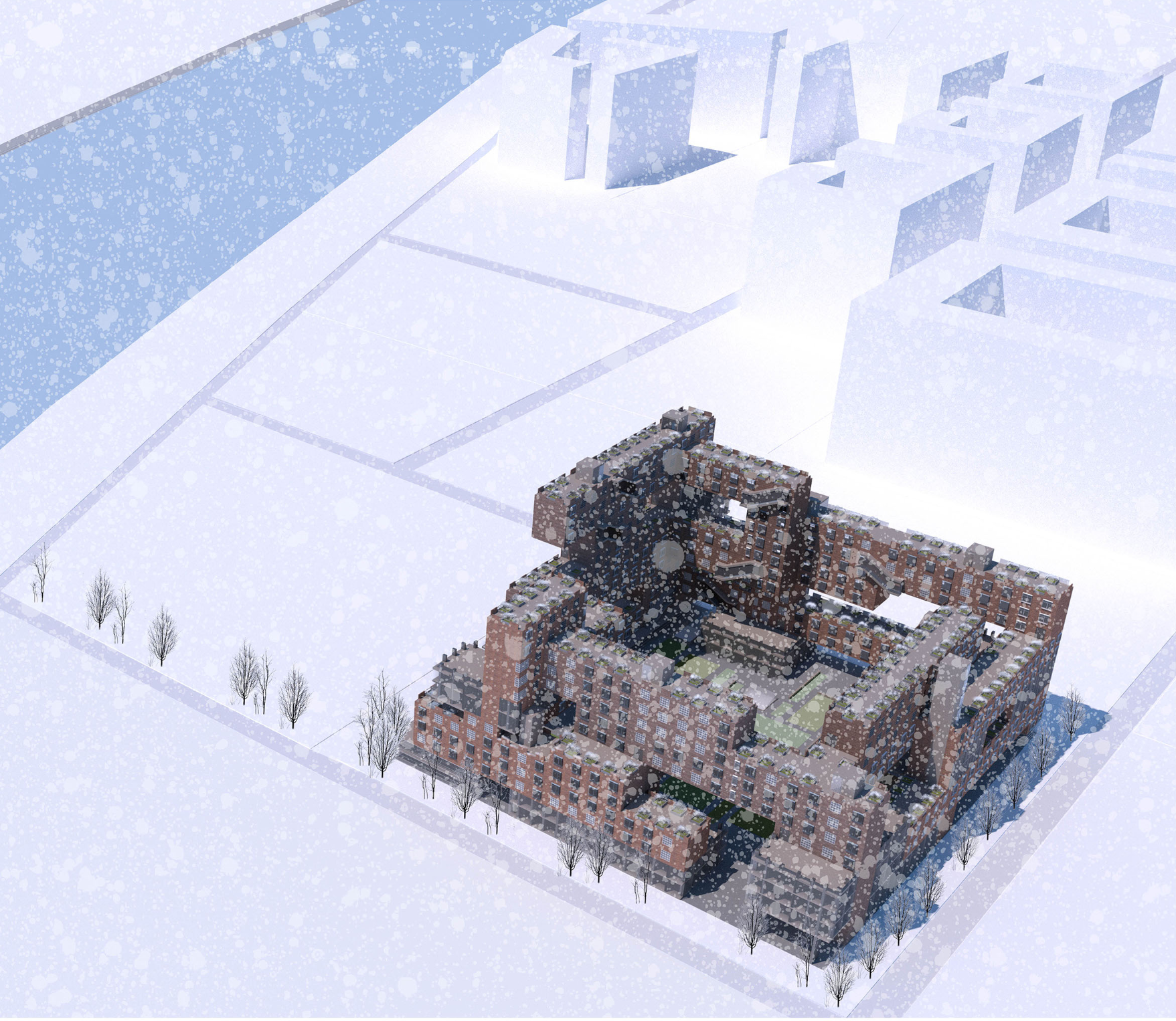 Dynamic Square showcases its innovative design amidst a serene snow-covered urban landscape.