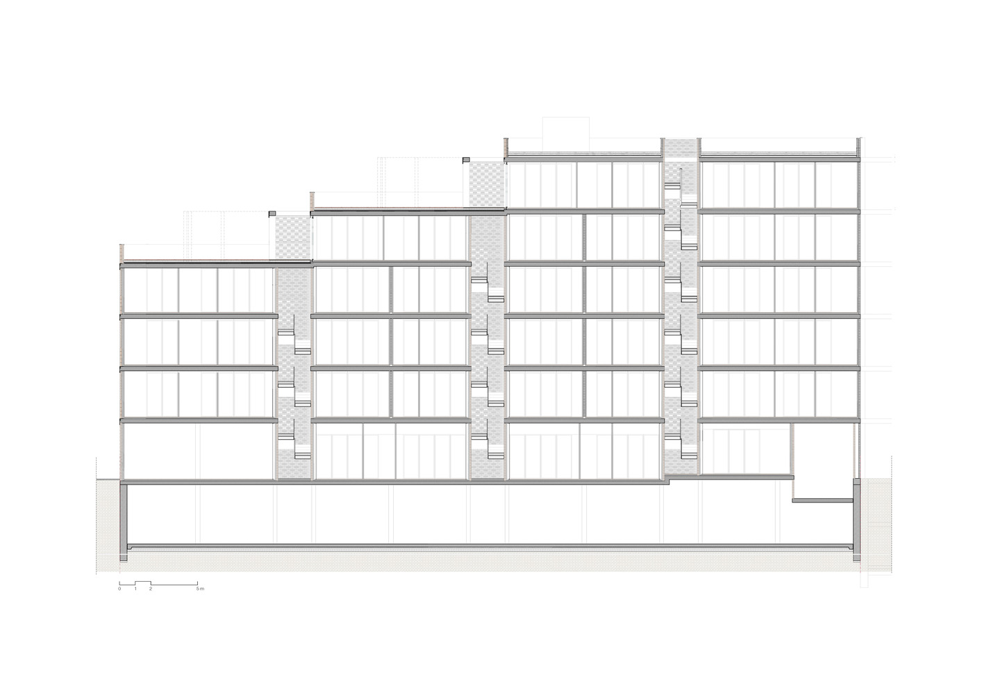 Longitudinal section: five upper levels with deep balconies, perforated facade screen, basement level below, two stair cores