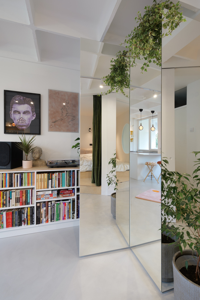 Mirrored wall: floor-to-ceiling mirror reflecting the bookshelf and living room, plants cascading from the ceiling, framed art on the left