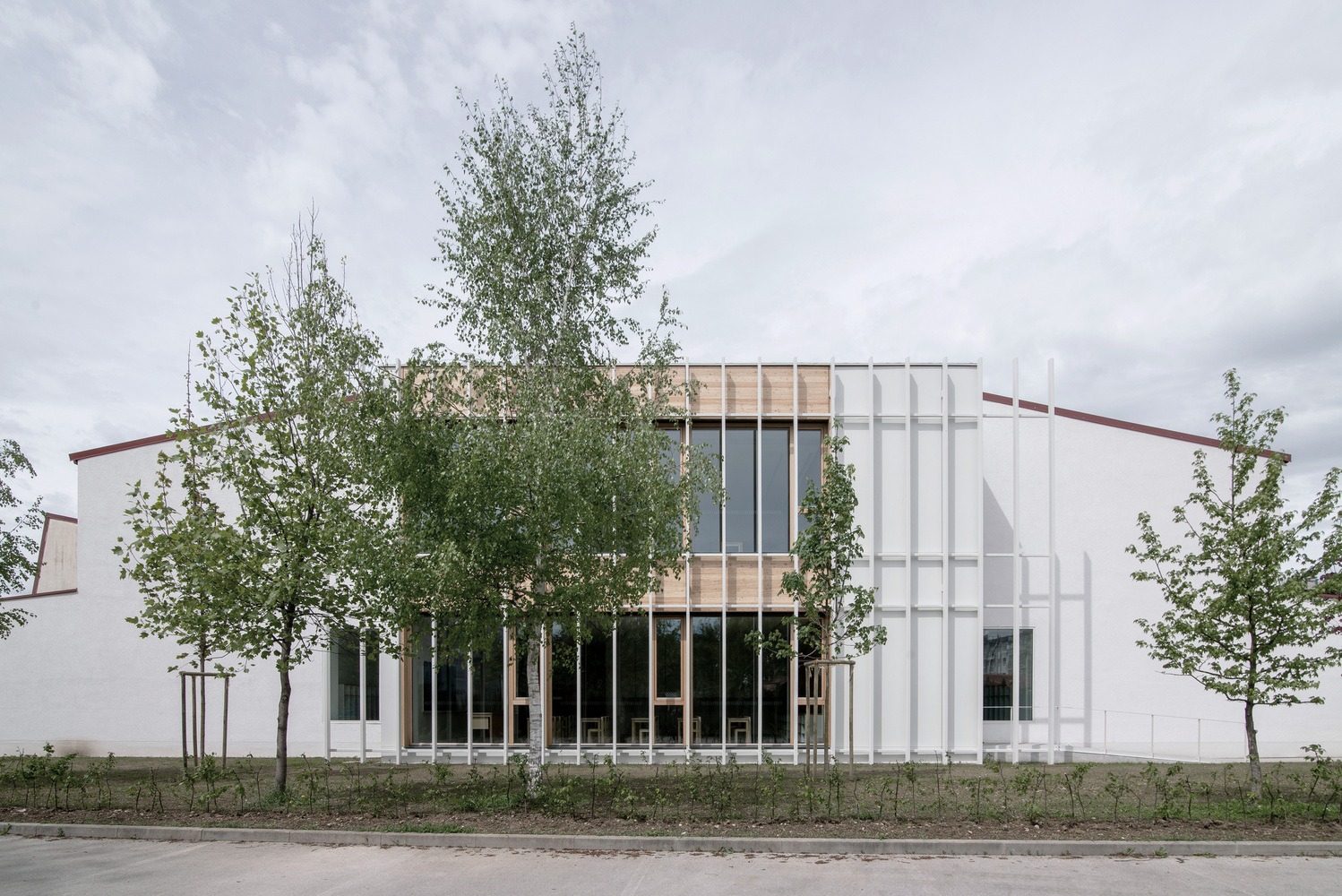 East facade: white vertical metal fins, timber-clad upper storey with full-height glazing, birch trees, overcast sky
