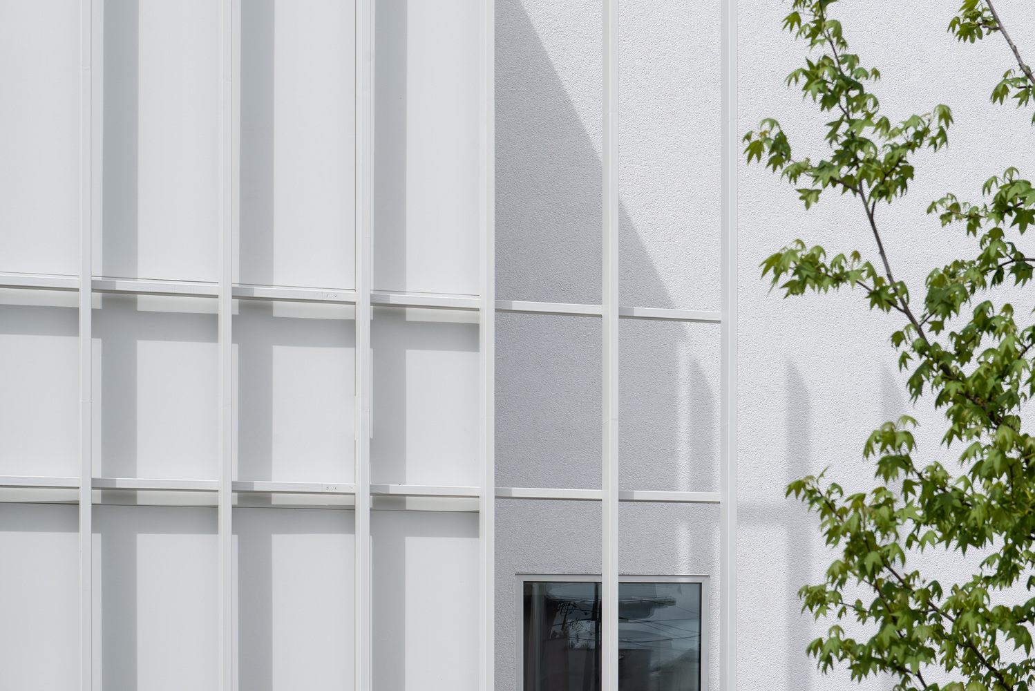 Facade close-up: white metal fin rhythm, small window set deep in the wall, tree shadow on the surface